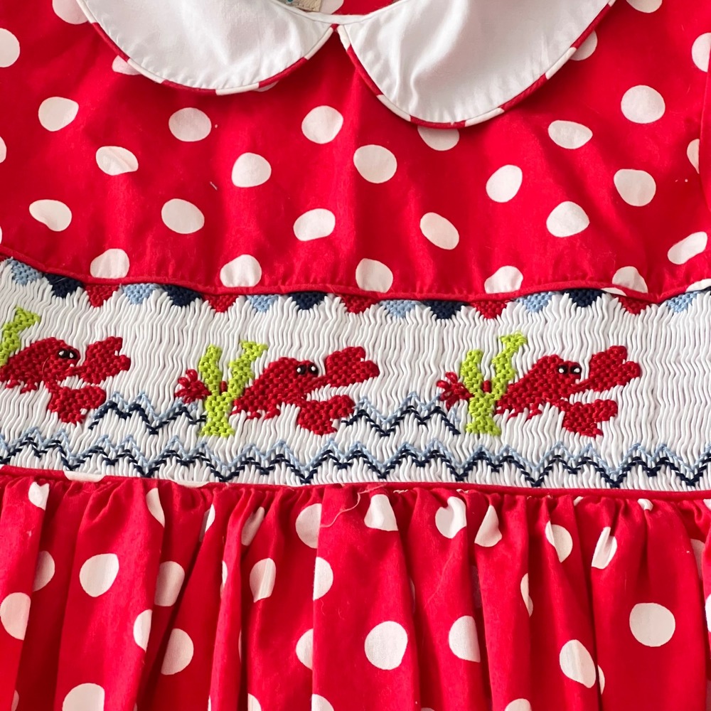 Marmellata Girls Red Polka Dot Smocked Lobster Dress Peter Pan Collar Size 6
